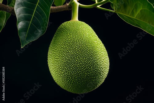 A whole jackfruit hanging from a tree, with its rough, bumpy green skin illuminated by soft sunlight photo