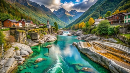 panorama of the mountains and the river in summer, peaceful green season landscape with amazing turquoise water and dramatic sky Verzasca, Canton Ticino, Switzerland photo