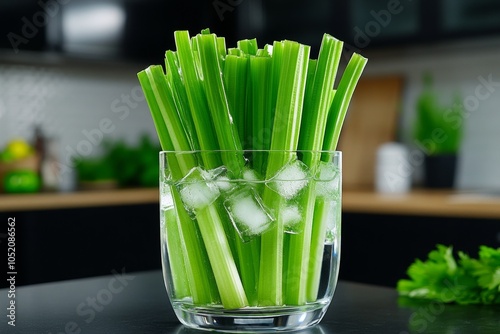 Celery stalks arranged in a bowl with ice water, keeping them fresh and crisp in a cozy kitchen
