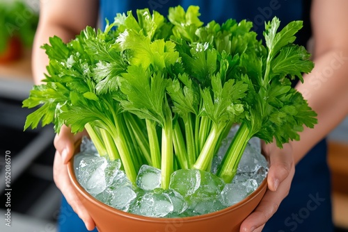 Celery stalks arranged in a bowl with ice water, keeping them fresh and crisp in a cozy kitchen