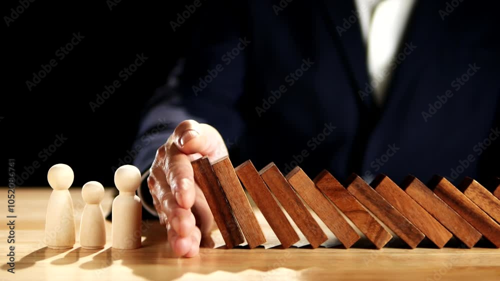 Risk, Risk Assessment, Risk Management, Business, Economic, Financial Crisis. Business man stop wooden block domino effect to safe, protect family, home from economic, Insurance. Slow motion