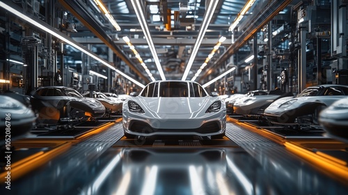 White Cars on Production Line in Automotive Factory