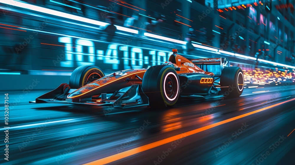 Fototapeta premium Formula One Race Car Speeding Through City Lights