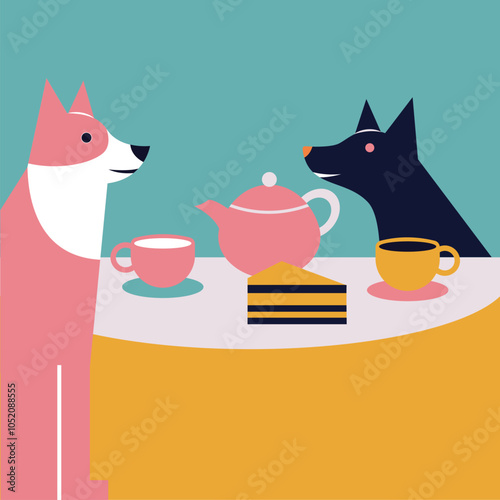 Two big dogs having a Sunday afternoon high tea party or a. birthday party