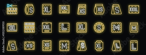 Neon glowing yellow icons representing clothing sizes from extra small to extra extra large, ideal for fashion design, dressmaking and sewing concepts