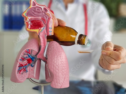 Doctor and medicines cough syrup and for lungs. Expectorants for sputum removal