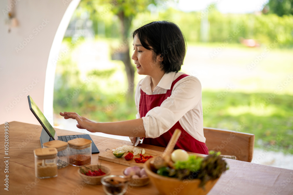 Asian woman cooking while following recipe on tablet in a terrace Asian woman cooking while following recipe on tablet in a terrace