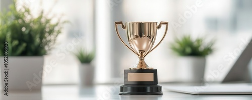 Closeup of a trophy labeled  Startup of the Year  on a sleek desk, AwardWinning Startup, recognition and business excellence photo