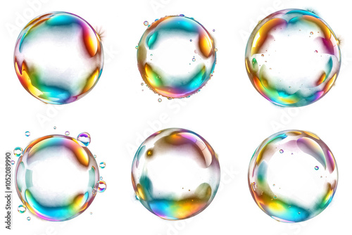 Set of 6 colorful glowing spheres isolated on a transparent background