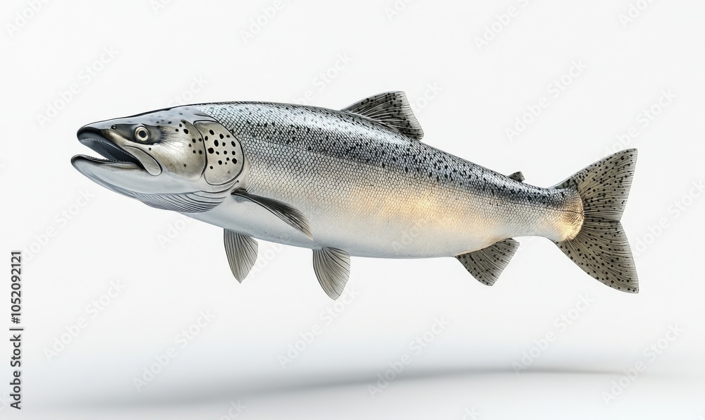 Obraz premium 3D salmon with shiny scales, depicted mid-leap as if jumping upstream, isolated on white