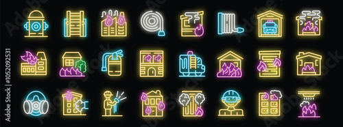 Neon icons illuminating essential firefighting elements, from equipment and personnel to burning buildings and preventive measures