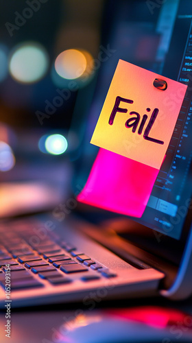 A yellow sticky note with the word 'Fail' written on it is stuck to a laptop screen.