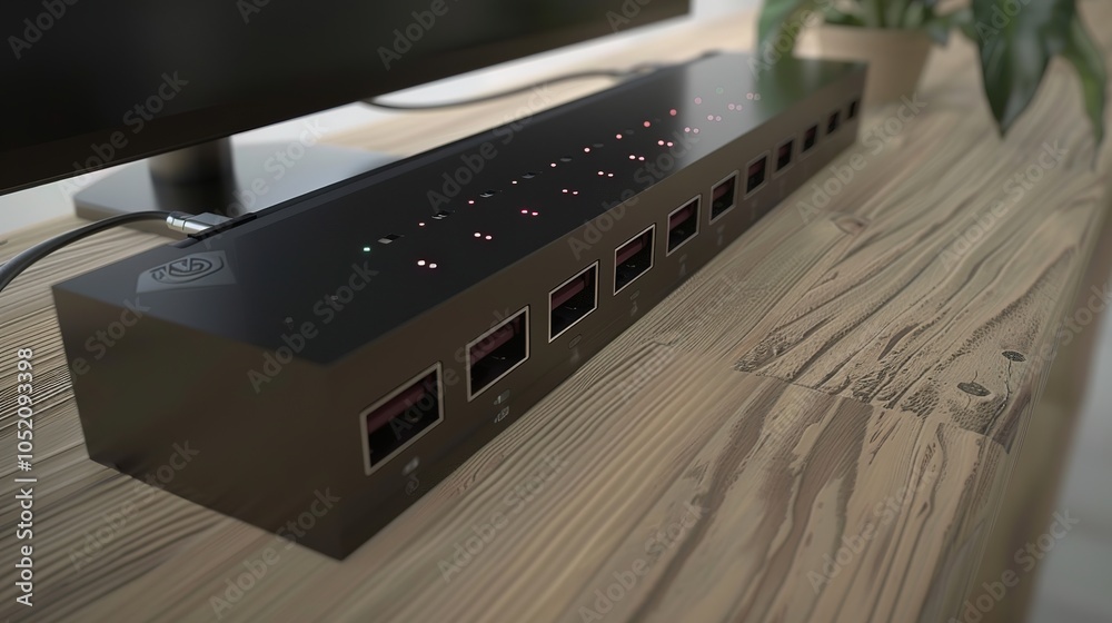 Close-Up of Sleek Modern USB Hub with Multiple Ports on Clean Minimalist Desk - Ample Space for Product Showcase Close-Up of Sleek Modern USB Hub with Multiple Ports on Clean Minimalist Desk - Ample Space for Product Showcase