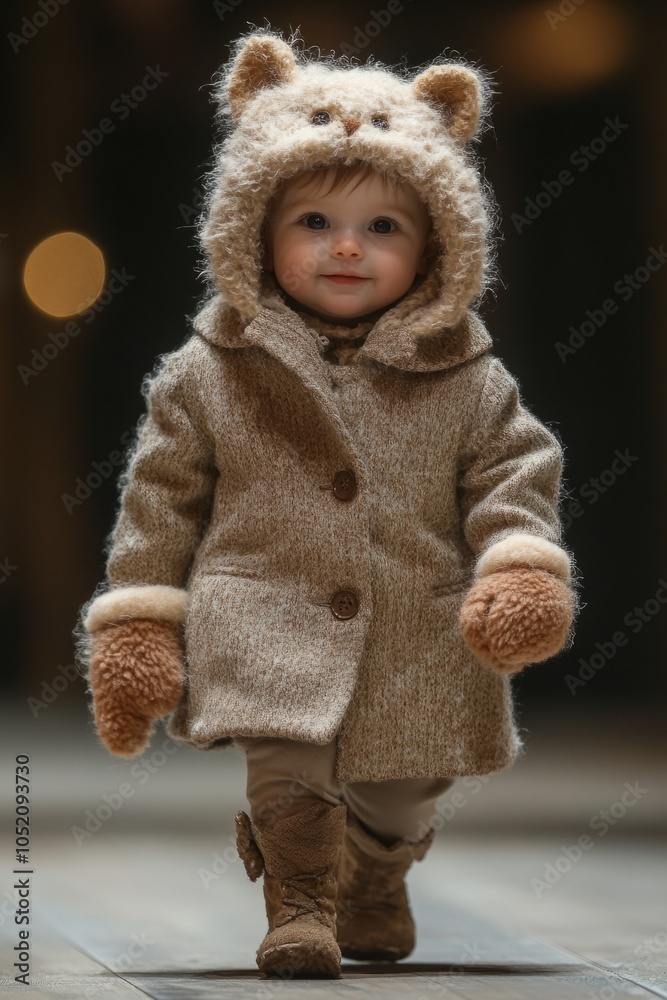 Cute toddler wearing bear-eared hooded coat walking indoors Cute toddler wearing bear-eared hooded coat walking indoors