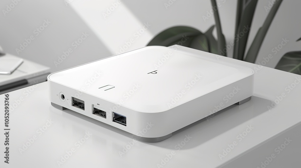 Close-Up of Sleek Modern USB Hub with Multiple Ports on Clean Minimalist Desk - Ample Space for Product Showcase Close-Up of Sleek Modern USB Hub with Multiple Ports on Clean Minimalist Desk - Ample Space for Product Showcase