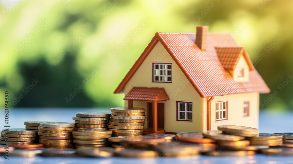 Little house and stack of coins - concept of mortgage loan and money savings Little house and stack of coins - concept of mortgage loan and money savings