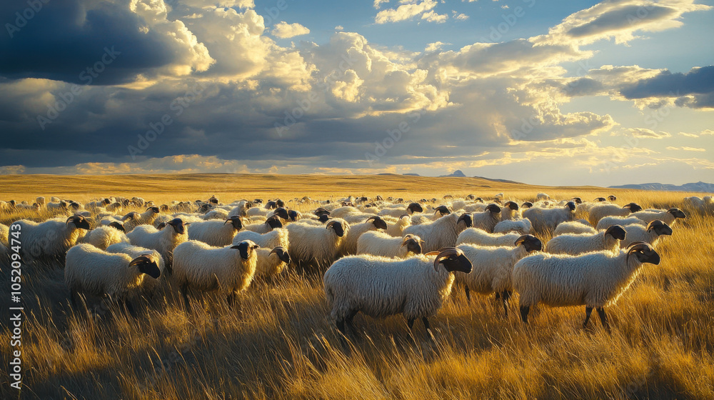 Fototapeta premium Group of sheep grazing peacefully in a golden meadow under a dramatic sunset in a rural landscape