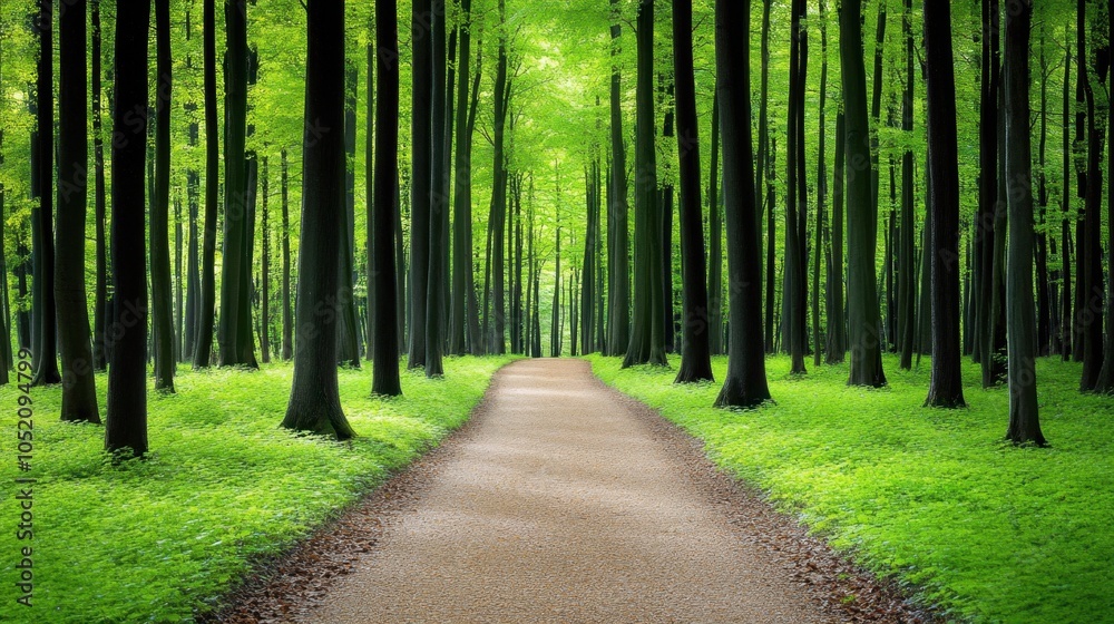 Obraz premium Tranquil Forest Path with Lush Greenery and Sunlight