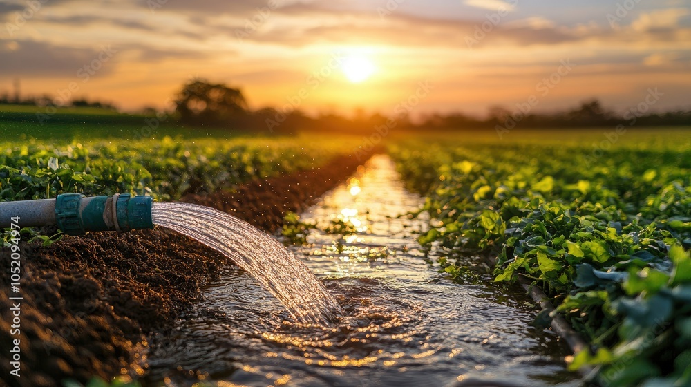 Naklejka premium A calm sunset over a field, where water flows gently from a hose, illustrating the beauty and harmony of agricultural life and nature's gifts.