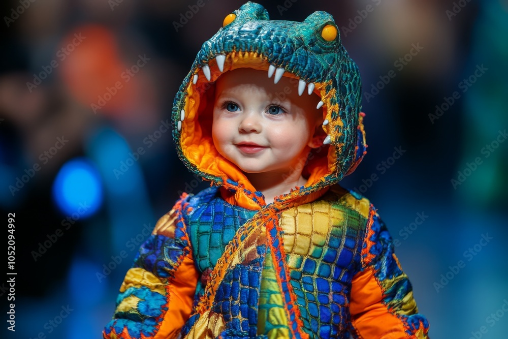 Baby model walking runway wearing reptile costume during fashion show Baby model walking runway wearing reptile costume during fashion show