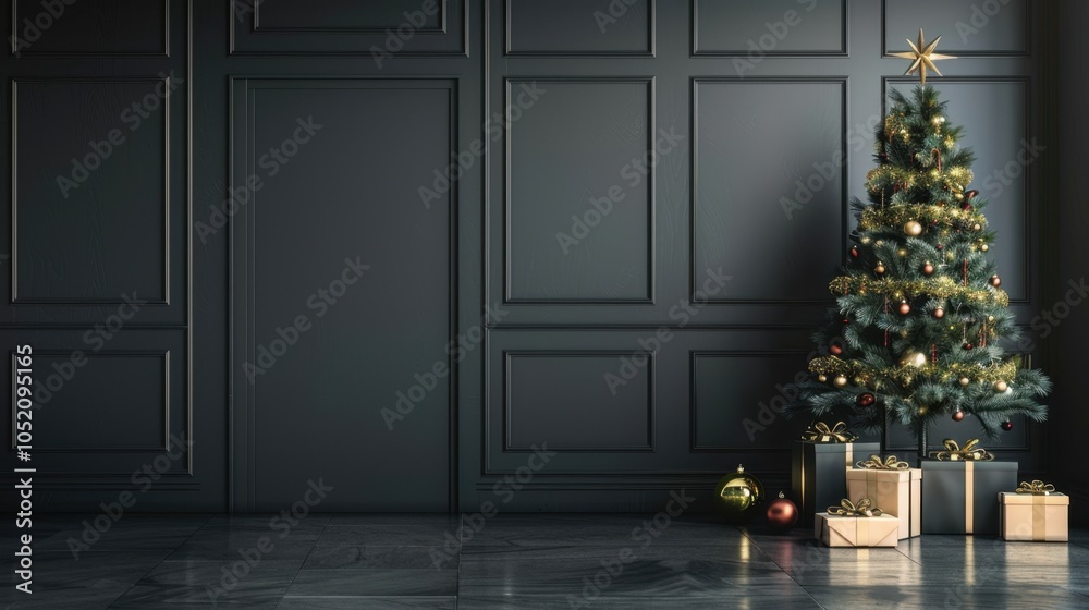Fototapeta premium Minimalist Christmas Scene with Tree, Garland, and Presents on Floor