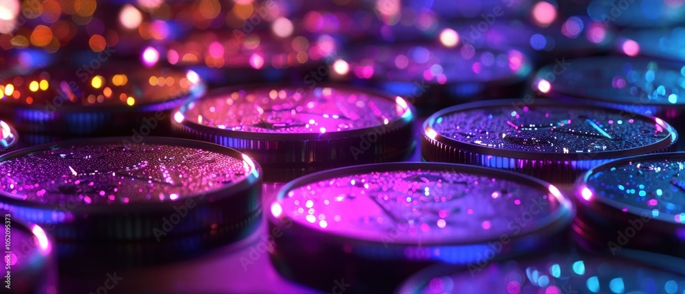 Chocolate coins with a futuristic design neon lights Chocolate coins with a futuristic design neon lights