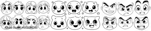 Cartoon character expressions. Laughing, crying or surprised character faces. Various emotions doodles. Isolated modern illustration icon set.
