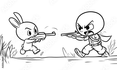 Drawing of a man or hunter running in fear from rabbit or hare or jackrabbit, with his rifle or gun, in a modern cartoon stick figure style.