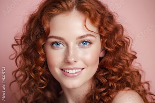 Close-up portrait of a beautiful woman with long, curly red hair, bright blue eyes, and a radiant white smile.