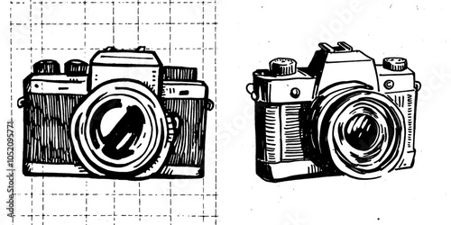 Hand drawn photo camera doodle icon.