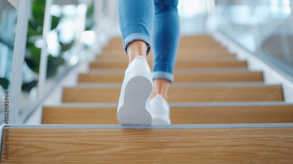 Stepping up stairs, person in casual attire showcases modern lifestyle. focus is on white sneakers and denim jeans, highlighting comfort and style Stepping up stairs, person in casual attire showcases modern lifestyle. focus is on white sneakers and denim jeans, highlighting comfort and style