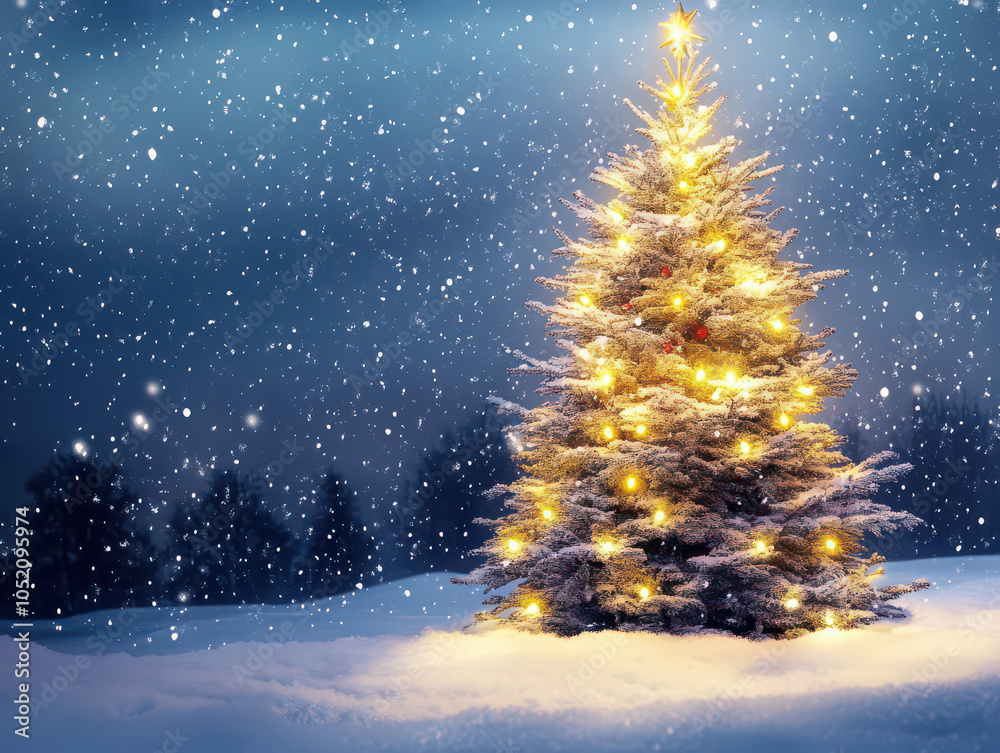 Illuminated Christmas tree covered in snow, glowing warmly under a starlit winter sky. Illuminated Christmas tree covered in snow, glowing warmly under a starlit winter sky.