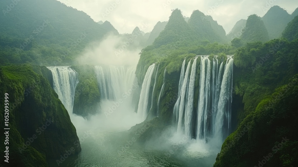 Majestic Waterfalls in Lush Green Landscape Majestic Waterfalls in Lush Green Landscape