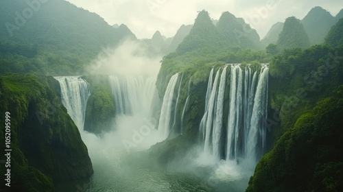 Majestic Waterfalls in Lush Green Landscape