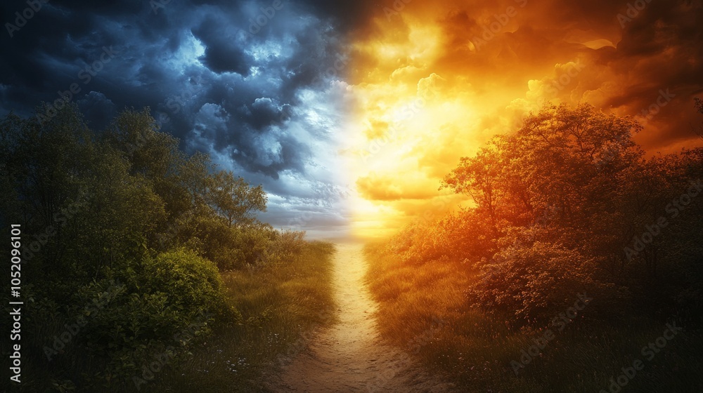 Fototapeta premium Decision making, two paths in a forest, one leading to a dark and stormy sky, the other towards a warm and sunny horizon. generative ai