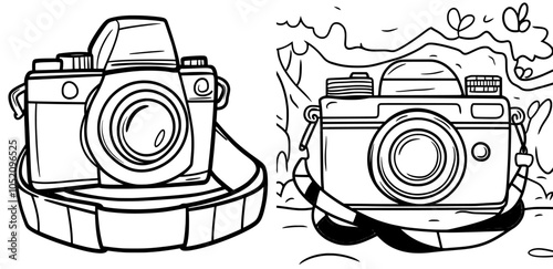Photographic camera with strap in retro style cartoon illustration