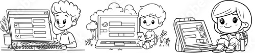 In this white background illustration, a customer answers questions in an internet questionnaire, marks check boxes, and chooses options on the website.