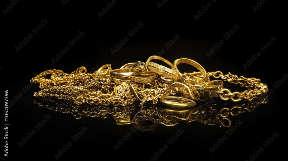 Scrap Gold. Collection of Gold Chains, Bracelets, and Rings on Black Background Scrap Gold. Collection of Gold Chains, Bracelets, and Rings on Black Background
