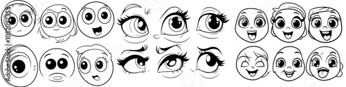 Retro cartoon 30s face. Cartoon old cartoon ears and mouth. Happy facial emotions with heart. Doodle quirky animation, modern collection.
