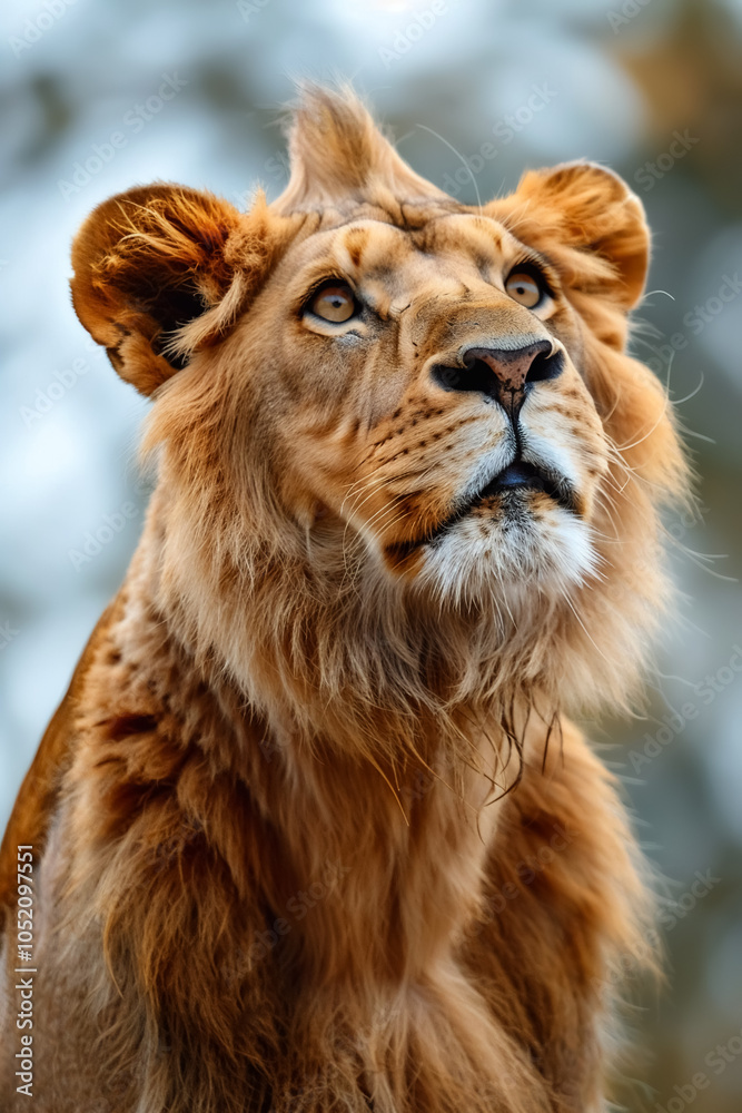 Close-up shot of a majestic endangered lion with a focused expression, set against a blurred natural habitat background, emphasizing the importance of wildlife preservation Close-up shot of a majestic endangered lion with a focused expression, set against a blurred natural habitat background, emphasizing the importance of wildlife preservation