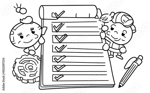 On white clipboard paper with doodles people, a checklist, survey list, and task plan. A man with a pencil checks the completed task. People participating in a success test. A modern illustration of