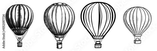 Hot air balloon engraving from the 1930s. Retro sketch modern illustration, antique airship with basket hand drawn in the 1930s