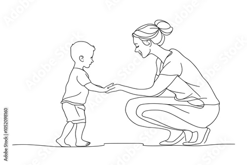 There is a mother and a child. There is a teacher in kindergarten and a student in elementary school. The drawing is a line art. One continuous line. A single line with a white background. One line