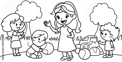 Hide and seek game with children. Woman blindfolded and children, outdoor recreation in nature. Happy summer recreation with boys and girls. Modern flat illustration isolated on white.