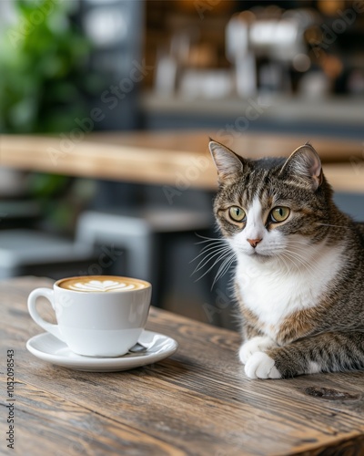 A cute cat sits by a cup of coffee on a wooden table, surrounded by a cozy cafe atmosphere.