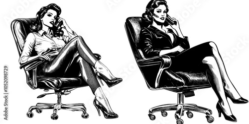Vintage style line art of a pin up girl secretary in black