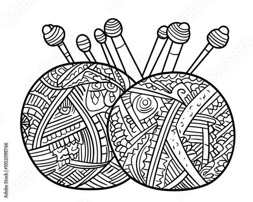 In this modern linear illustration, clews, knitting needles, and a crochet hook are displayed. In the outline, yarn for knitting is coiled into balls, a crochet hook and knitting needles are