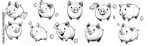 Hand drawn piggy bank illustration set. Happy wealthy and sad broken piggy banks with falling dollar bills and coins.