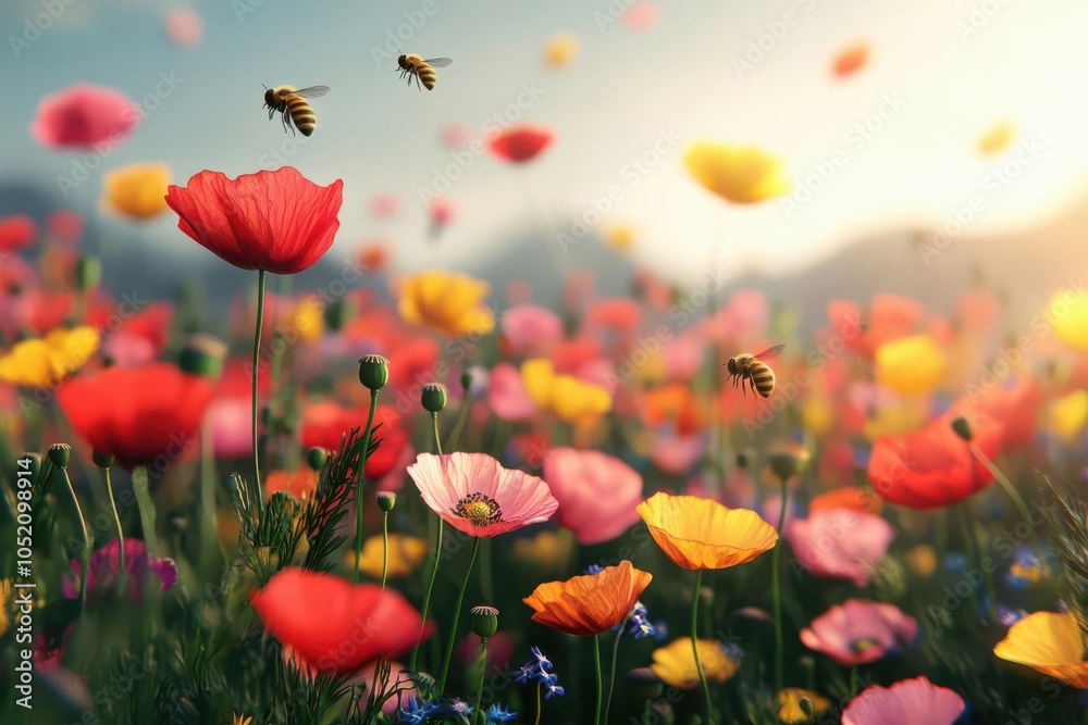 Fototapeta premium 3D view of a meadow of vibrant red and yellow poppies with bees flying above, glowing sunlight, Poppy and bee field, Nature in harmony