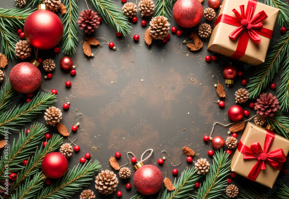Christmas decoration on a dark textured background with a copy space top view Christmas decoration on a dark textured background with a copy space top view